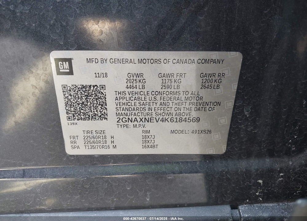 2019 CHEVROLET EQUINOX VIN: 2GNAXNEV4K6184569