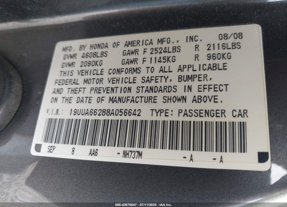 2008 ACURA TL VIN: 19UUA66288A056642