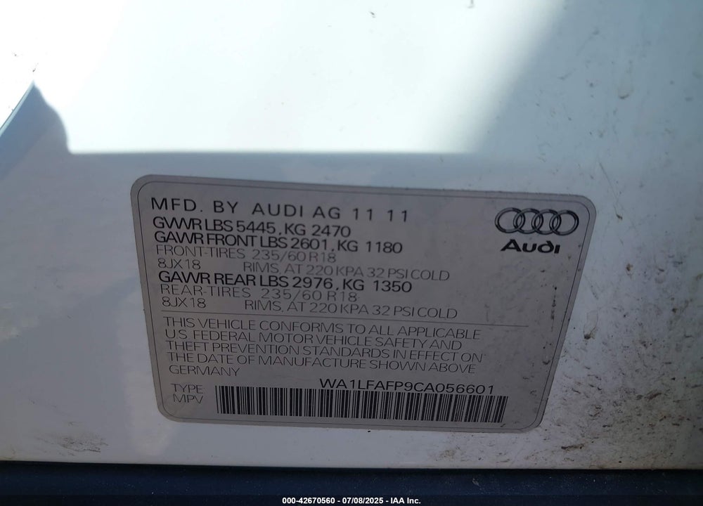 2012 AUDI Q5 VIN: WA1LFAFP9CA056601