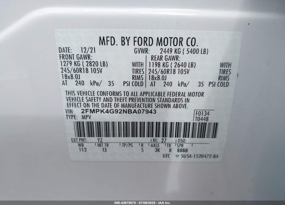 2022 FORD EDGE VIN: 2FMPK4G92NBA07943