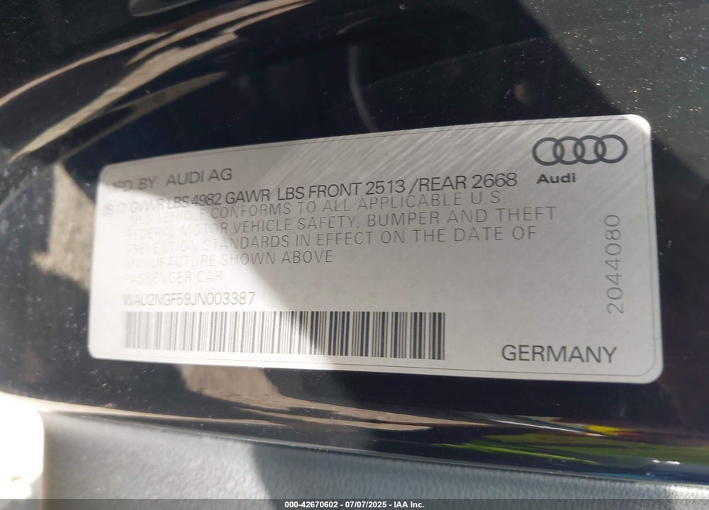 2018 AUDI A5 2.0T PREMIUM VIN: WAU2NGF59JN003387