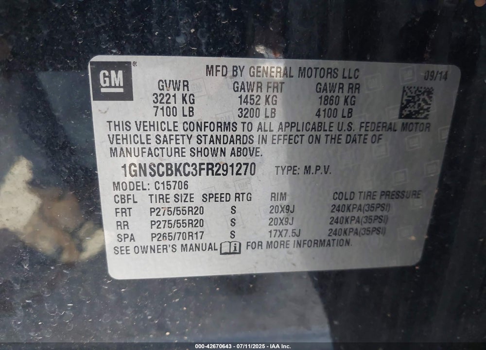 2015 CHEVROLET TAHOE VIN: 1GNSCBKC3FR291270
