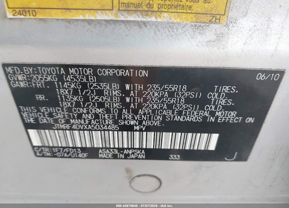 2010 TOYOTA RAV4 VIN: JTMRF4DVXA5034485