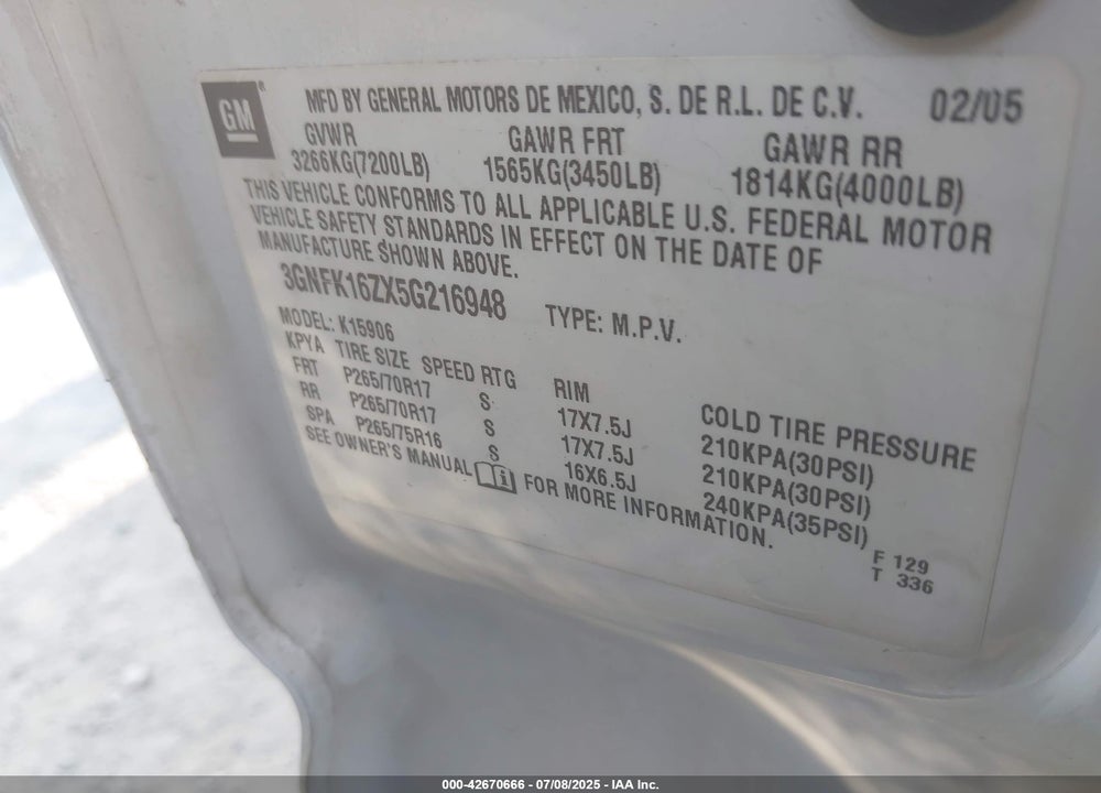 2005 CHEVROLET SUBURBAN 1500 Z71 VIN: 3GNFK16ZX5G216948