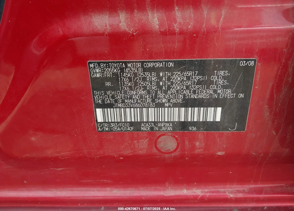 2008 TOYOTA RAV4 VIN: JTMBD33V686078183