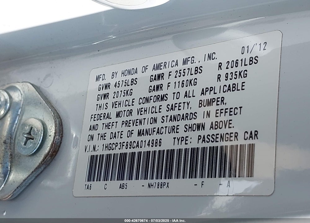 2012 HONDA ACCORD 3.5 EX-L VIN: 1HGCP3F89CA014986