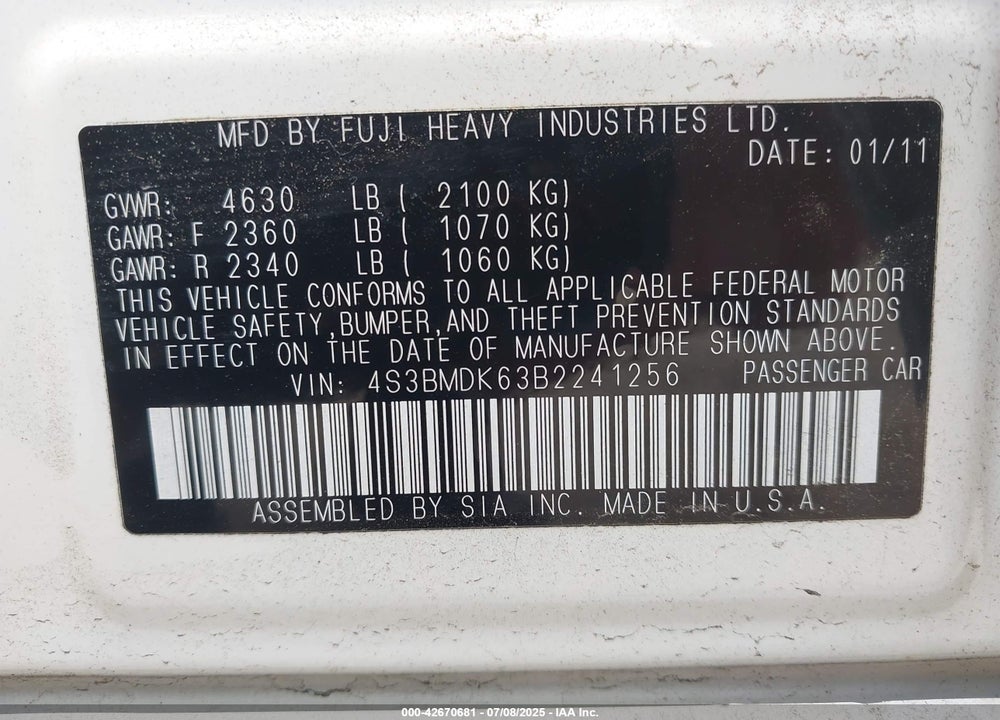 2011 SUBARU LEGACY VIN: 4S3BMDK63B2241256