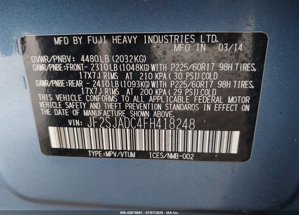 2015 SUBARU FORESTER VIN: JF2SJADC4FH418248