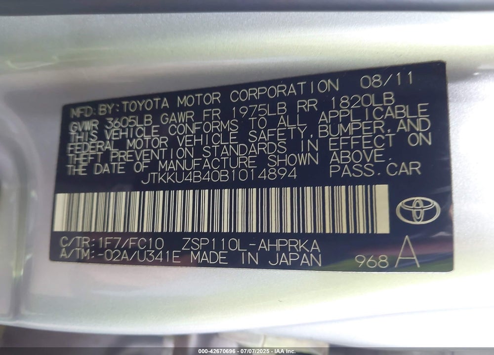 2011 SCION XD VIN: JTKKU4B40B1014894