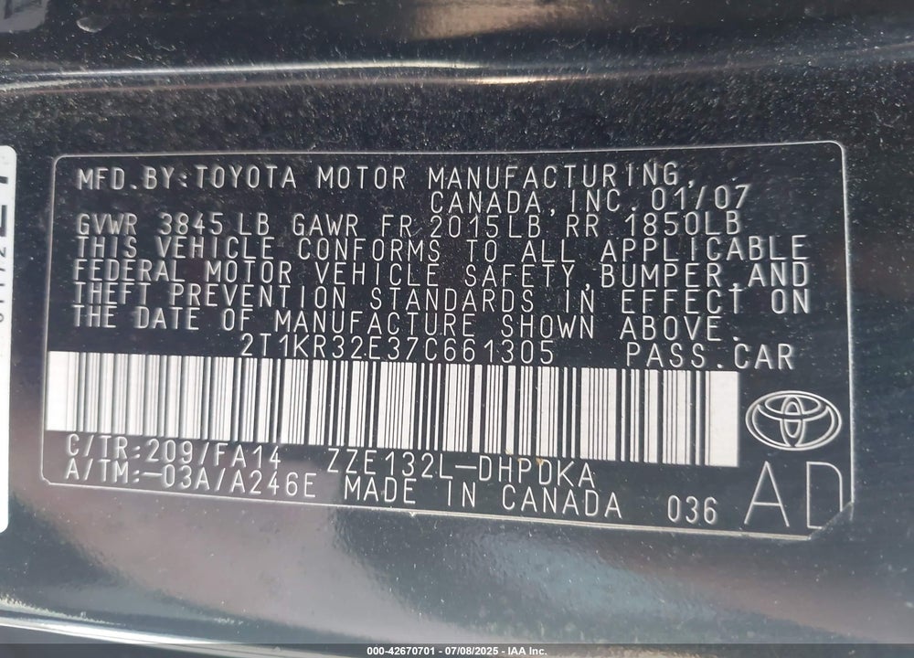 2007 TOYOTA MATRIX VIN: 2T1KR32E37C661305