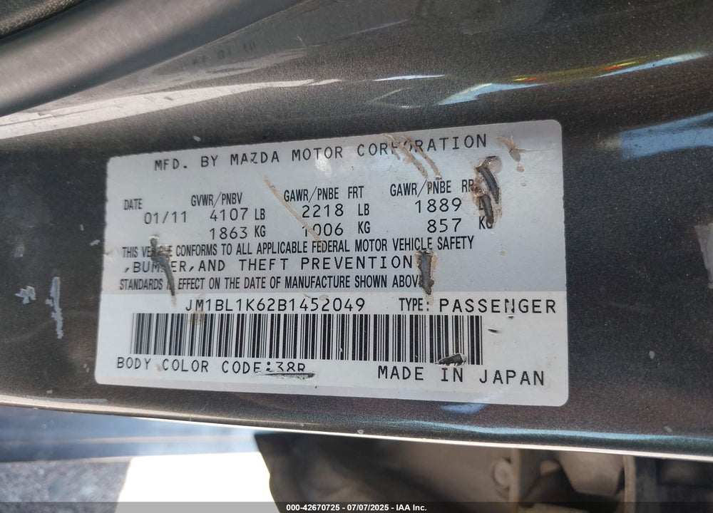2011 MAZDA 3 VIN: JM1BL1K62B1452049