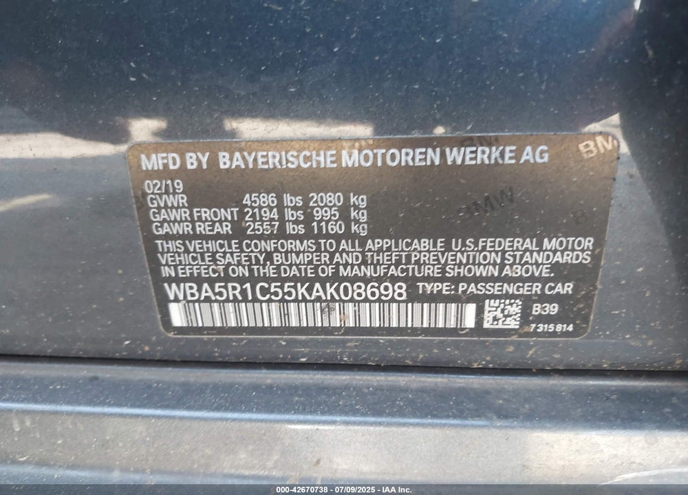 2019 BMW 3 SERIES VIN: WBA5R1C55KAK08698