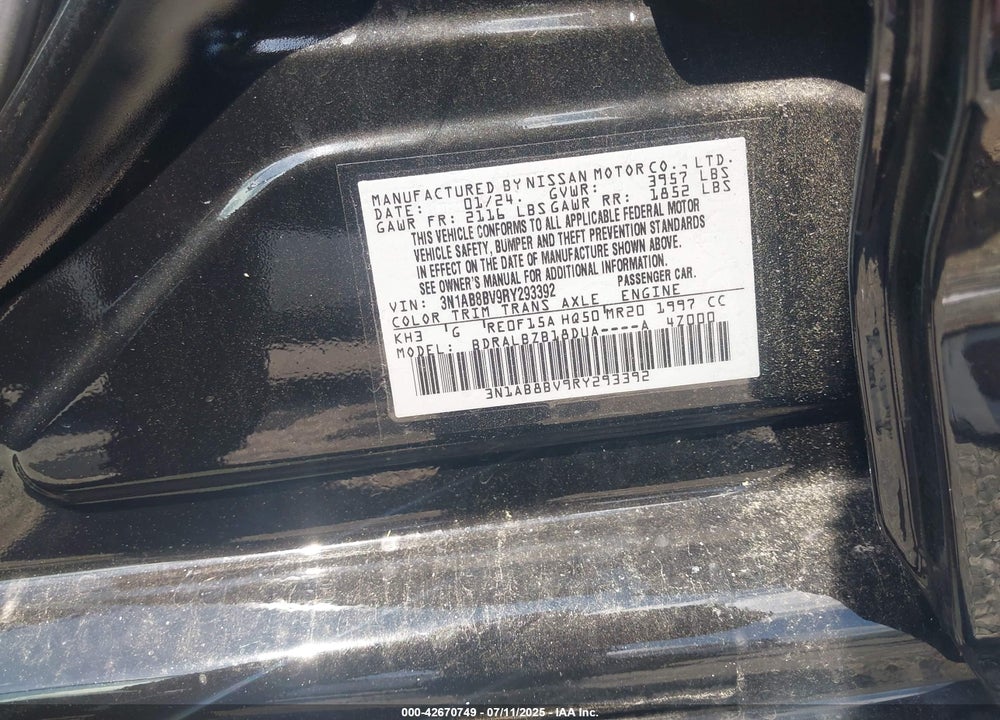 2024 NISSAN SENTRA S XTRONIC CVT VIN: 3N1AB8BV9RY293392