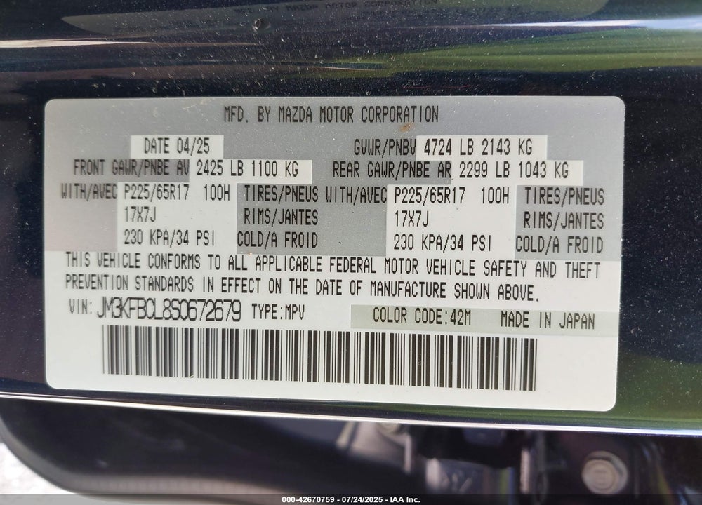 2025 MAZDA CX-5 VIN: JM3KFBCL8S0672679