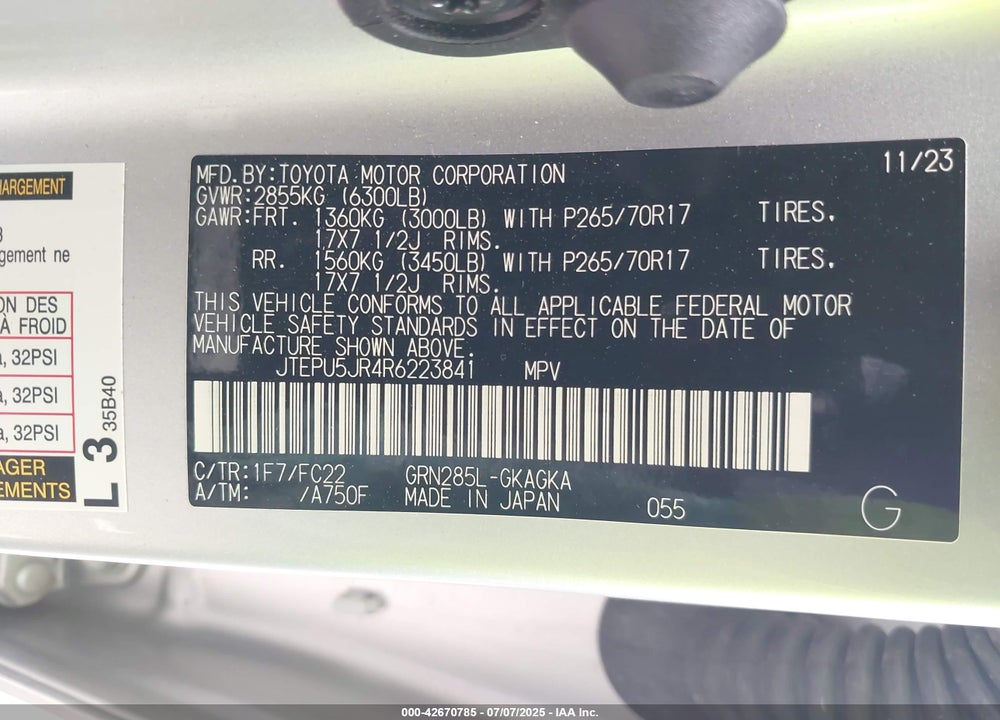 2024 TOYOTA 4RUNNER VIN: JTEPU5JR4R6223841