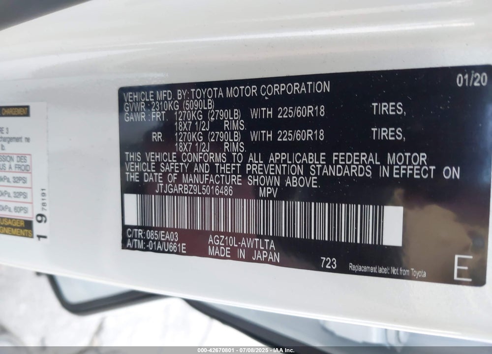 2020 LEXUS NX300 VIN: JTJGARBZ9L5016486