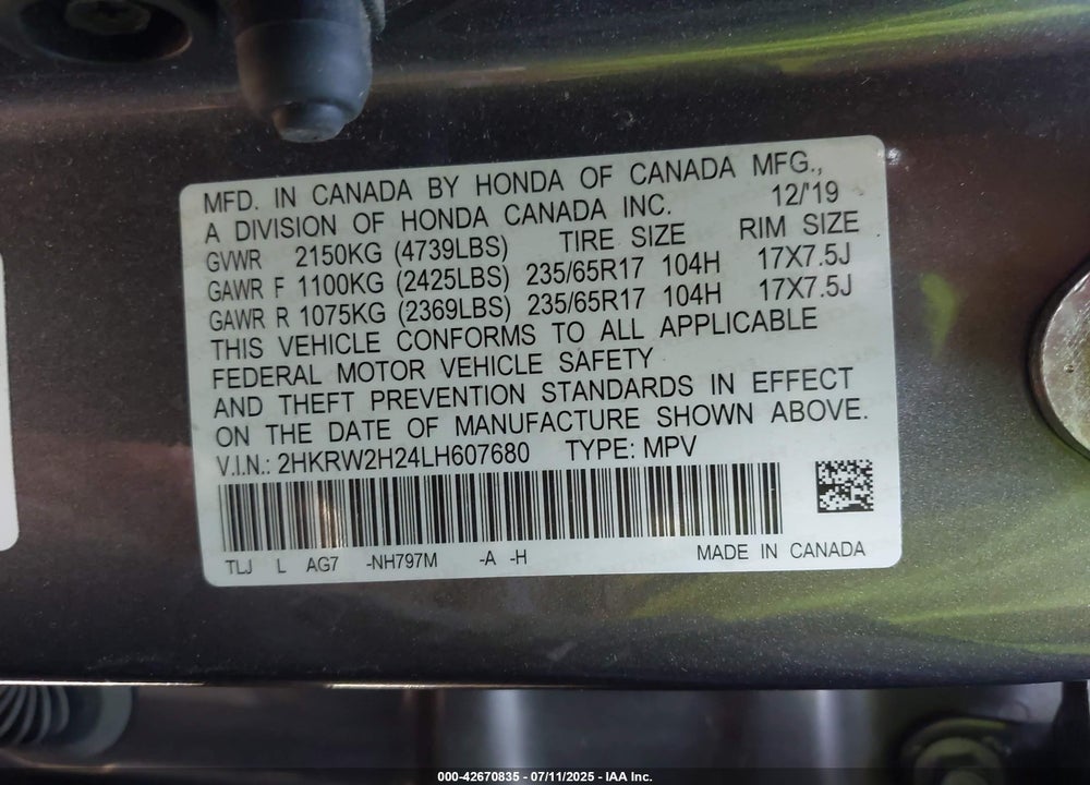 2020 HONDA CR-V VIN: 2HKRW2H24LH607680