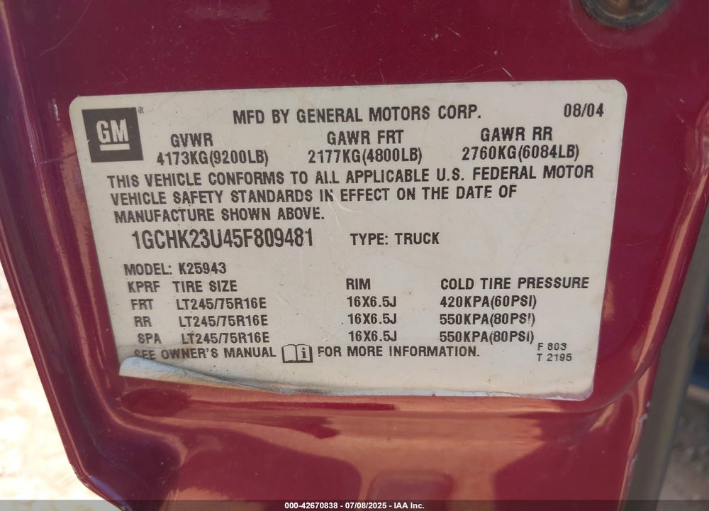 2005 CHEVROLET SILVERADO 2500HD VIN: 1GCHK23U45F809481