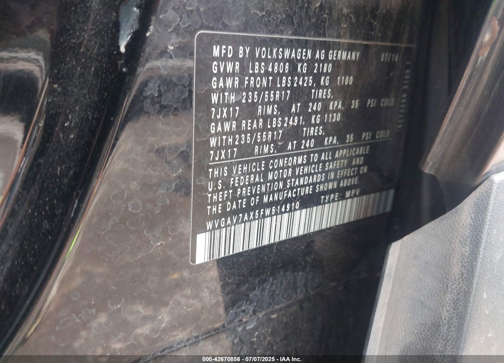 2015 VOLKSWAGEN TIGUAN VIN: WVGAV7AX5FW514910