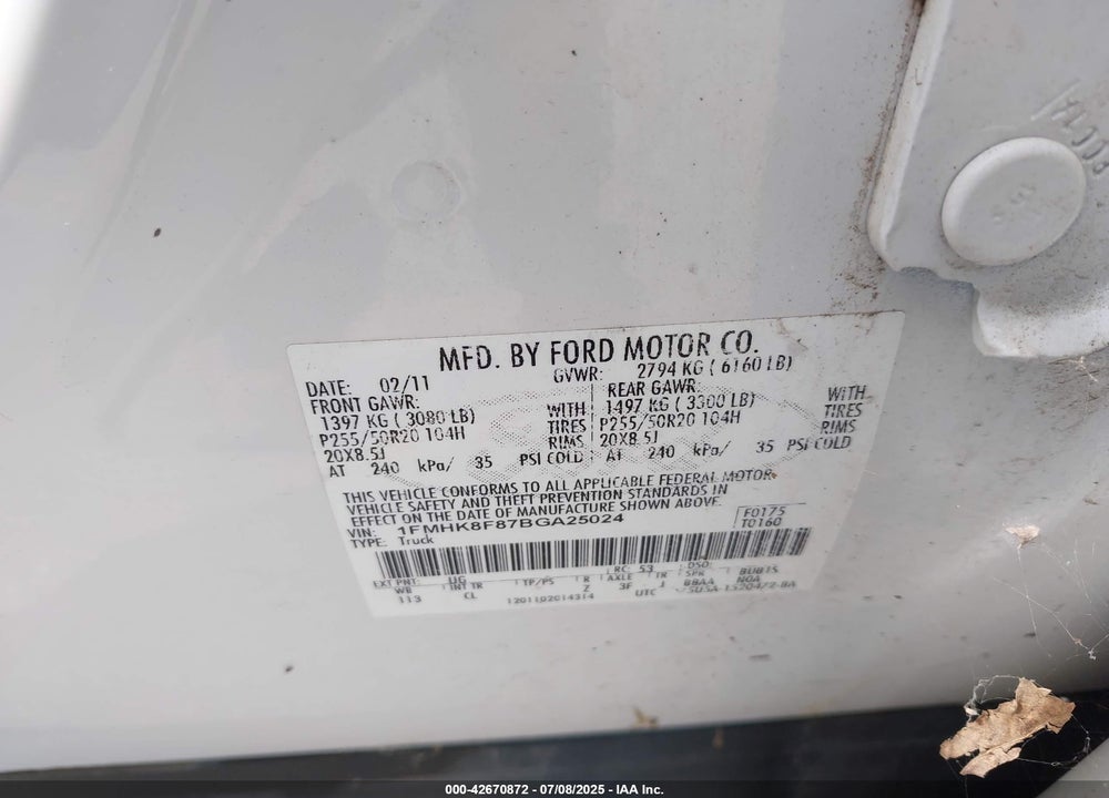 2011 FORD EXPLORER VIN: 1FMHK8F87BGA25024