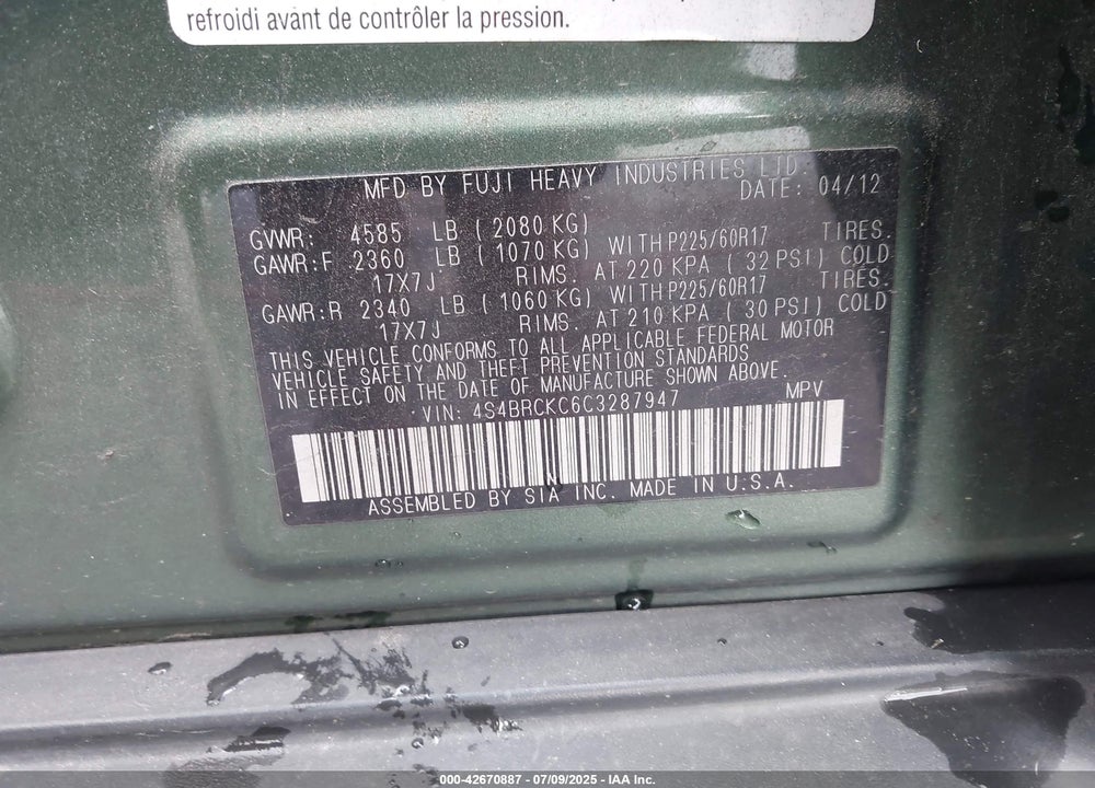 2012 SUBARU OUTBACK VIN: 4S4BRCKC6C3287947