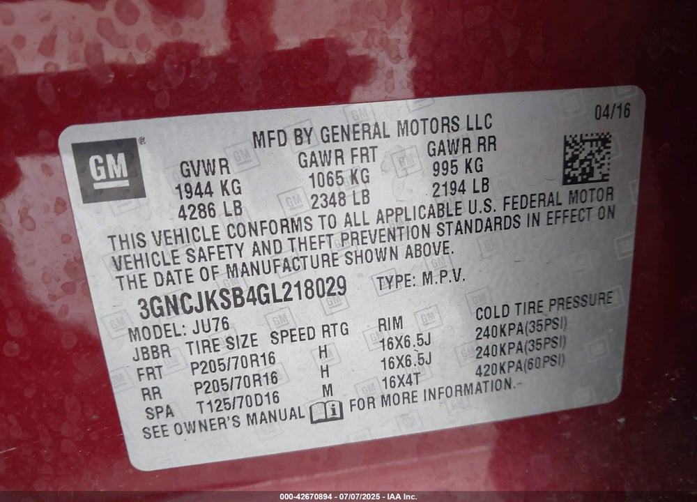 2016 CHEVROLET TRAX VIN: 3GNCJKSB4GL218029