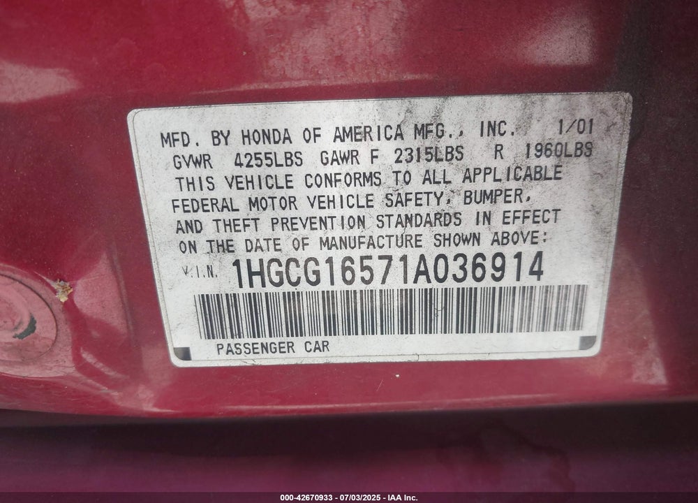 2001 HONDA ACCORD 3.0 EX VIN: 1HGCG16571A036914