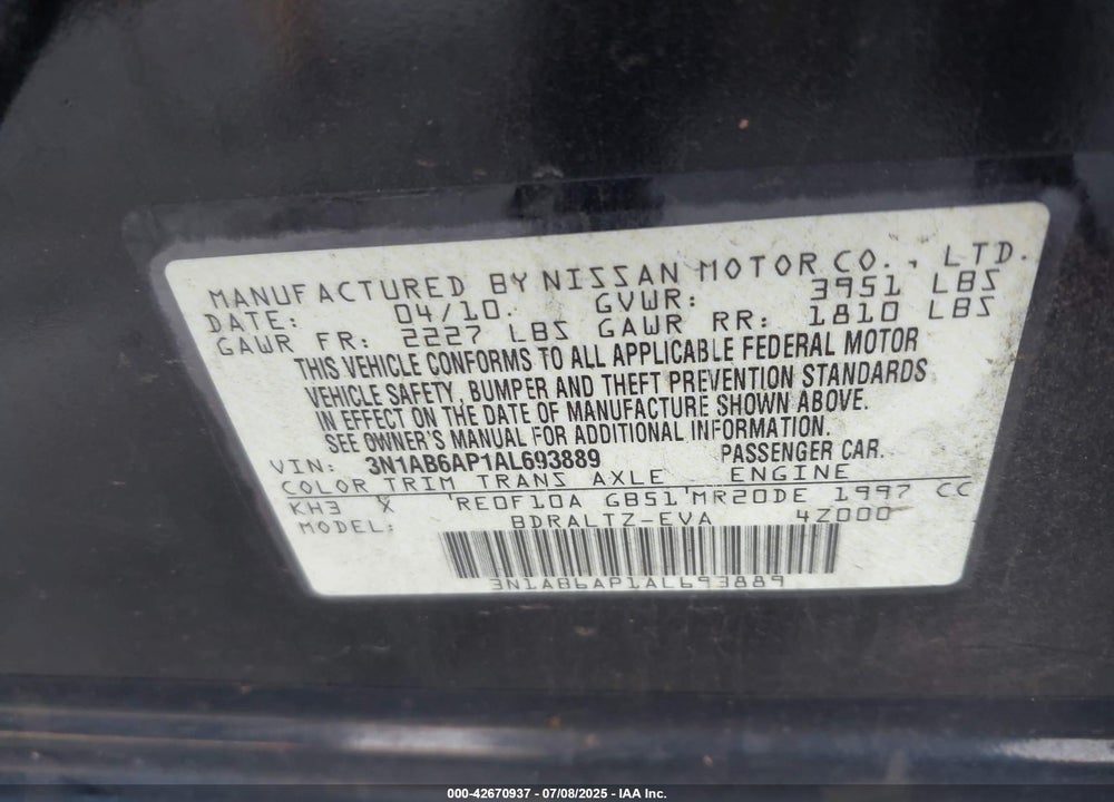 2010 NISSAN SENTRA 2.0S VIN: 3N1AB6AP1AL693889