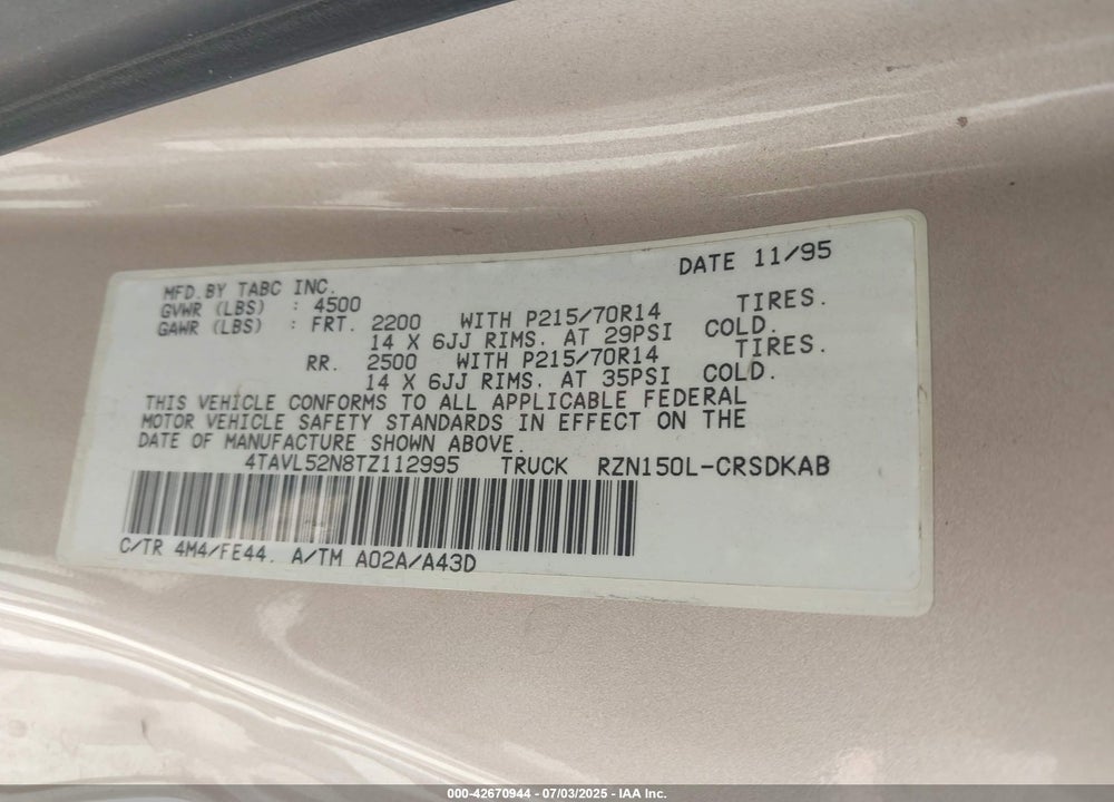 1996 TOYOTA TACOMA XTRACAB VIN: 4TAVL52N8TZ112995