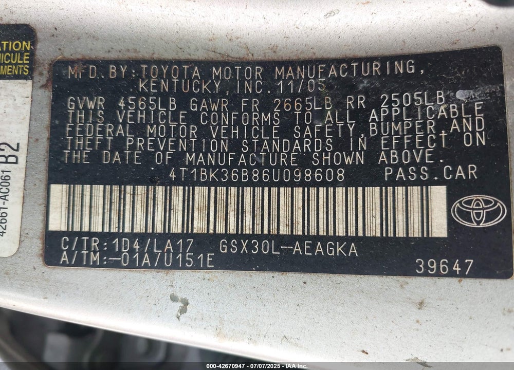 2006 TOYOTA AVALON VIN: 4T1BK36B86U098608