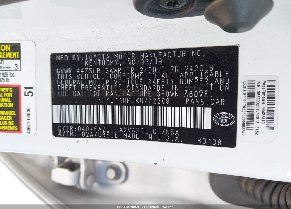 2019 TOYOTA CAMRY VIN: 4T1B11HK5KU772289