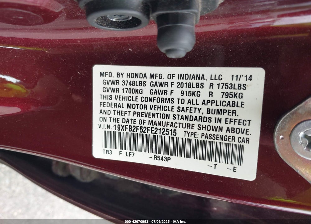 2015 HONDA CIVIC VIN: 19XFB2F52FE212515