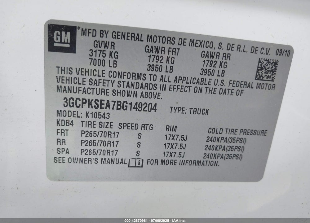 2011 CHEVROLET SILVERADO 1500 VIN: 3GCPKSEA7BG149204