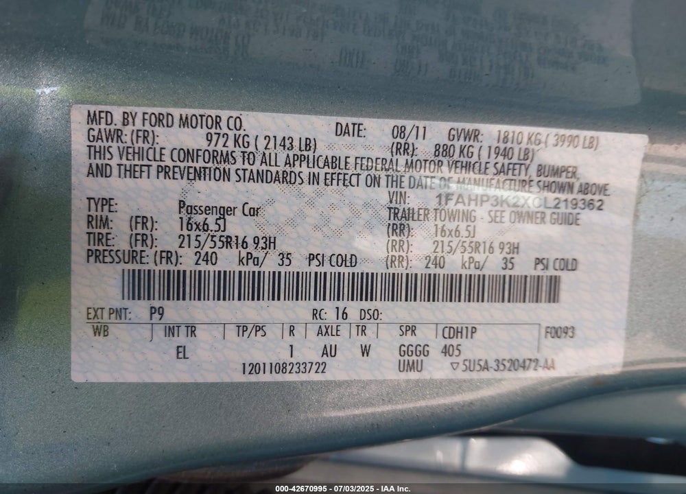 2012 FORD FOCUS VIN: 1FAHP3K2XCL219362