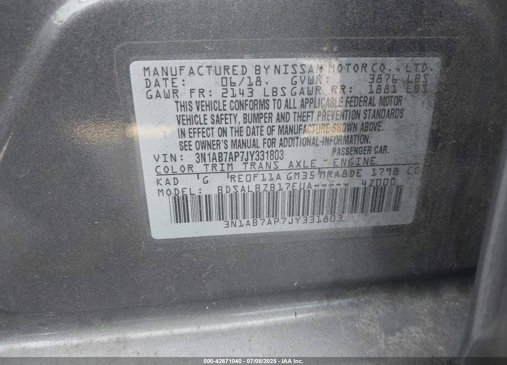 2018 NISSAN SENTRA VIN: 3N1AB7AP7JY331803