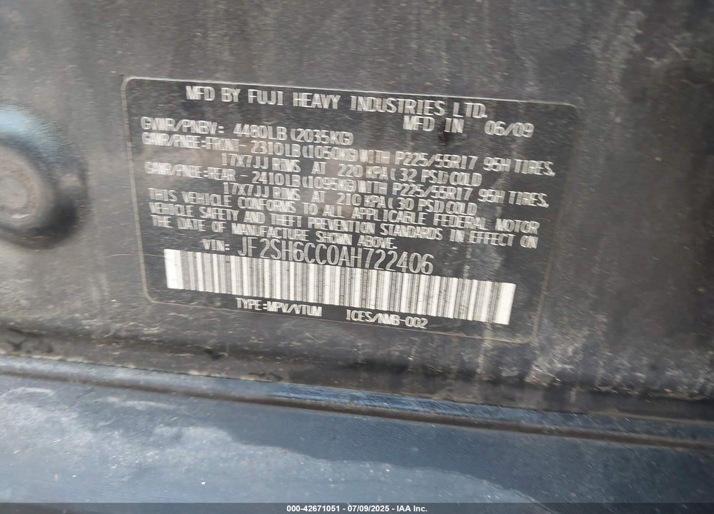 2010 SUBARU FORESTER VIN: JF2SH6CC0AH722406