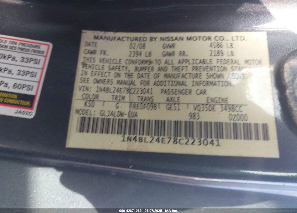 2008 NISSAN ALTIMA 3.5 SE VIN: 1N4BL24E78C223041