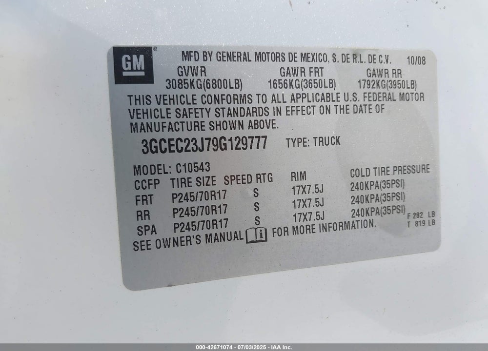 2009 CHEVROLET SILVERADO 1500 VIN: 3GCEC23J79G129777