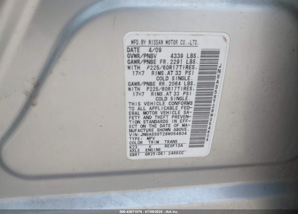 2009 NISSAN ROGUE VIN: JN8AS58T29W054604