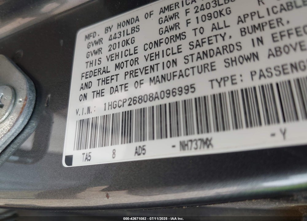 2008 HONDA ACCORD 2.4 EX-L VIN: 1HGCP26808A096995
