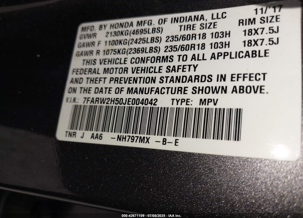 2018 HONDA CR-V EX VIN: 7FARW2H50JE004042
