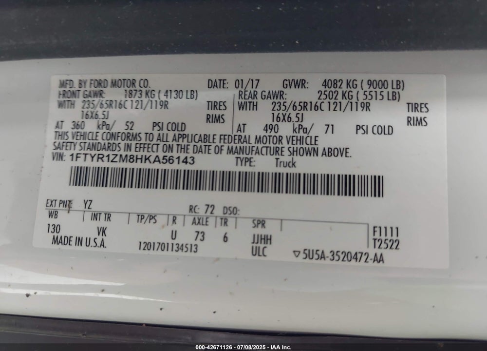 2017 FORD TRANSIT-250 VIN: 1FTYR1ZM8HKA56143