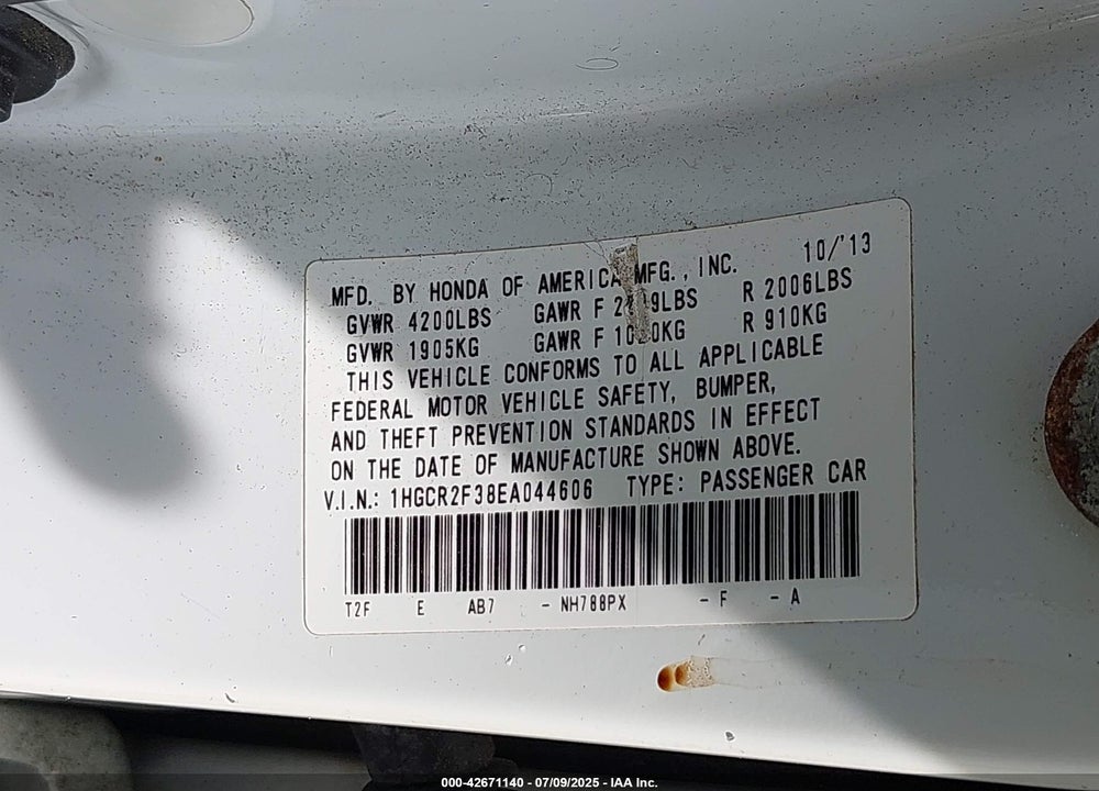 2014 HONDA ACCORD VIN: 1HGCR2F38EA044606