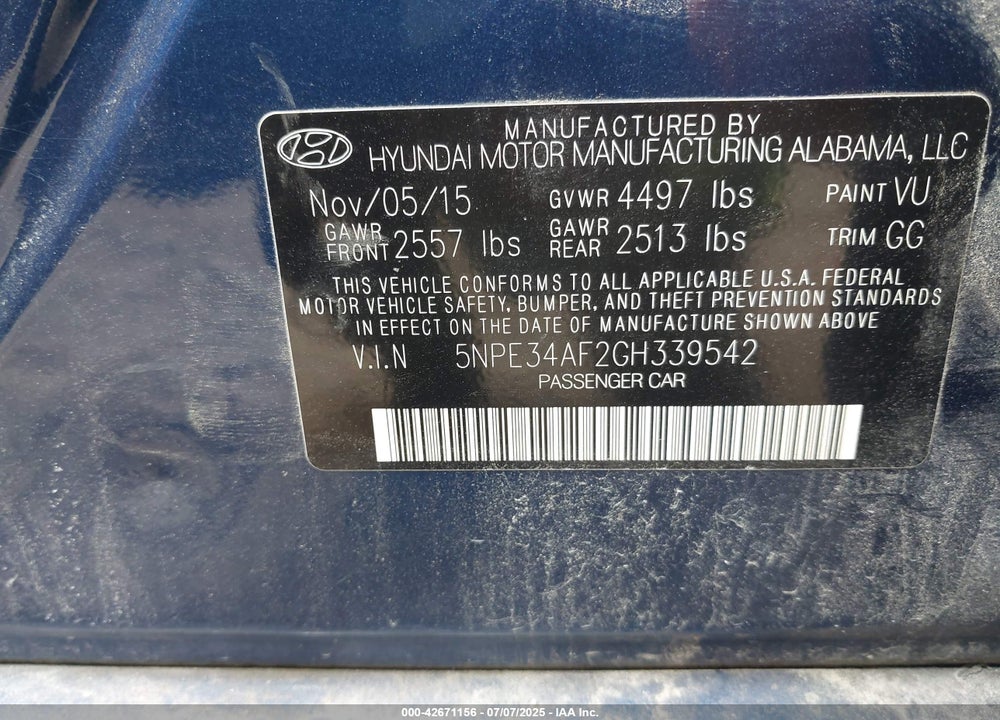 2016 HYUNDAI SONATA VIN: 5NPE34AF2GH339542