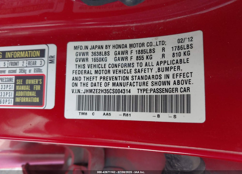 2012 HONDA INSIGHT VIN: JHMZE2H35CS004314