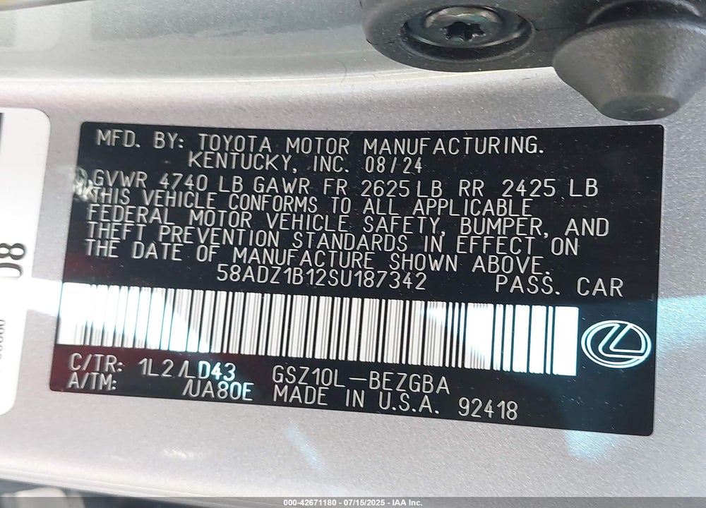 2025 LEXUS ES 350 VIN: 58ADZ1B12SU187342