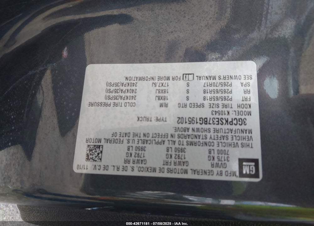 2011 CHEVROLET SILVERADO 1500 VIN: 3GCPKSE37BG195102