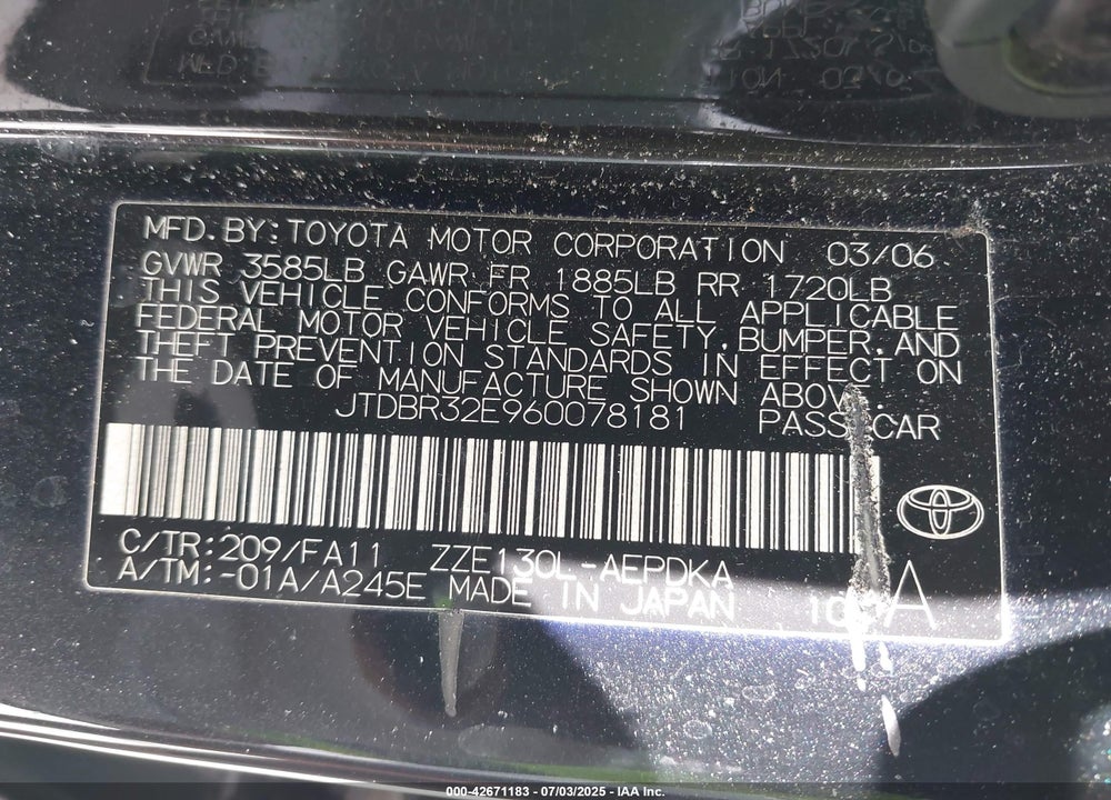2006 TOYOTA COROLLA VIN: JTDBR32E960078181