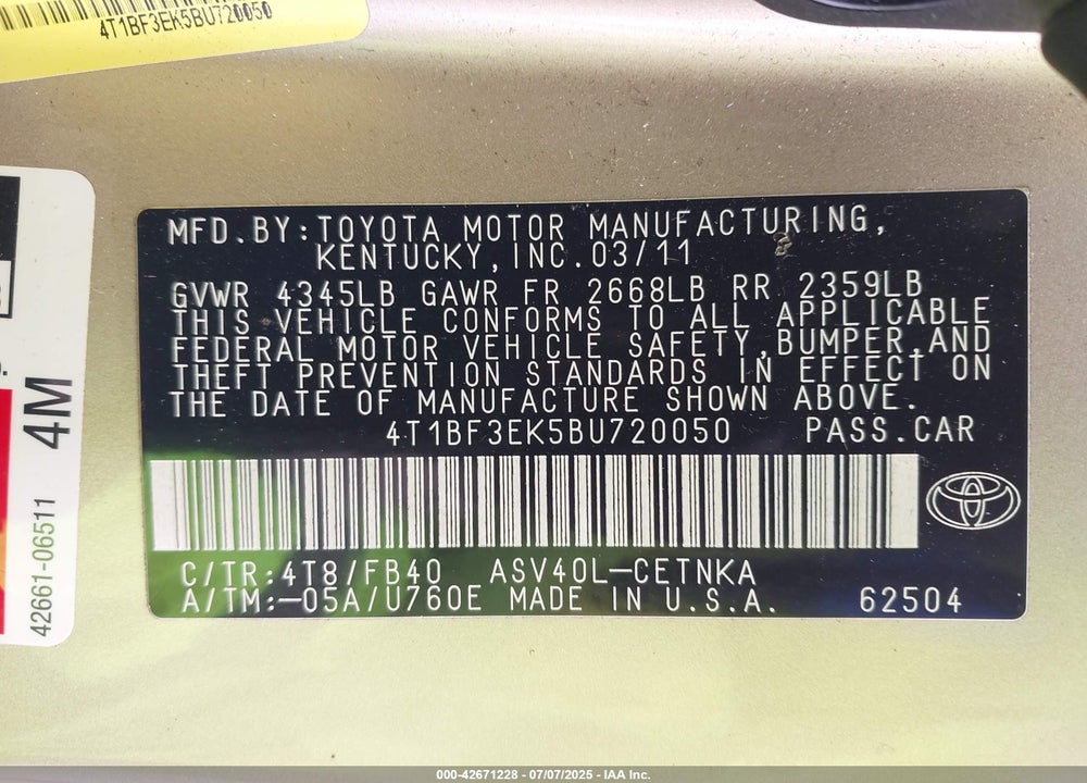 2011 TOYOTA CAMRY VIN: 4T1BF3EK5BU720050
