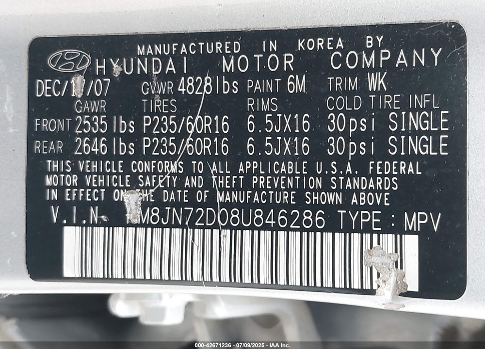 2008 HYUNDAI TUCSON VIN: KM8JN72D08U846286